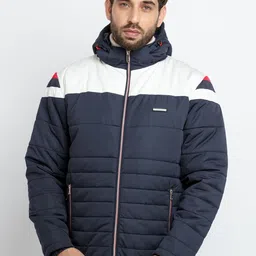 Status Quo Men Navy Blue White Colourblocked Puffer Jacket-19