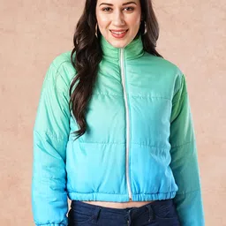 ANWAIND Blue Colourblocked Mock Collar Long Sleeves Zip Detail Crop Padded Jacket-picture-47