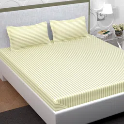 PAVO Cream_Coloured Striped 210 TC 100% Cotton 1 Double XL King Bedsheet with 2 Pillow Covers-15