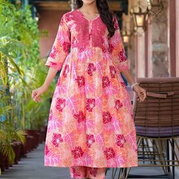 Aujjessa Floral Printed Empire Thread Work Pure Cotton Maternity Kurta with Trousers-image-62