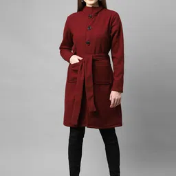 Rigo Women Maroon Solid Slim Fit Knee-Length Cotton Overcoat-image-29