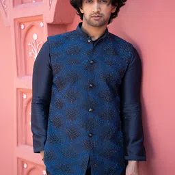 KAAJ BUTTON Regular Chanderi Silk Mandarin Collar Straight Kurta with Trouser &Waistcoat-picture-37