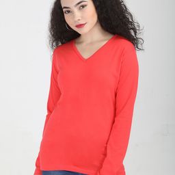Fleximaa Women Coral V-Neck Full Sleeves Cotton T-shirt-image-58