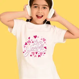 NUSYL Girls Typography Printed Round Neck Longline Oversized T-shirt-image-80
