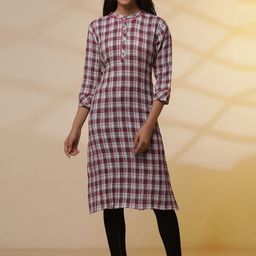 AURELIA Checked Mandarin Collar Smocked Cotton Blend Straight Kurta with Jeggings-image-46