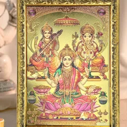 Art Street Gold-Toned & Pink Laxmi Saraswati Ganesh Wooden Embossed Table Top Frame-image-38