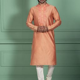 KISAH Men Geometric Embroidered Mandarin Collar Regular Kurta With Churidar Set-6