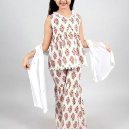 INCLUD Girls Ethnic Motifs Printed Pure Cotton A-Line Kurti With Sharara & Dupatta-picture-33