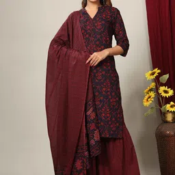 MIRAVAN Women Maroon Floral Printed Pure Cotton Kurta with Sharara & Dupatta-picture-17