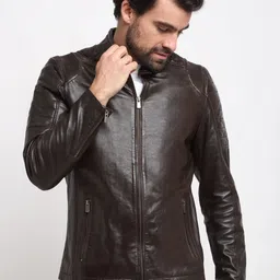 Teakwood Leathers Mandarin Collar Leather Jacket-49