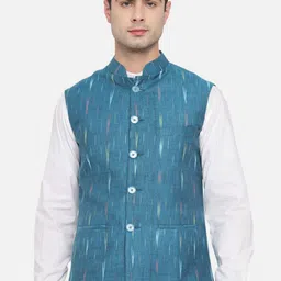 Vastraa Fusion Men Teal Green Ikat Printed Pure Cotton Nehru Jacket-27
