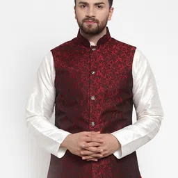 Jompers Men Maroon Floral Woven Design Nehru Jacket-picture-41