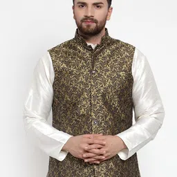 Jompers Men Golden -Colored Woven design Nehru Jackets-picture-53