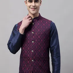 Jompers Men Woven Design Mandarin Collar Nehru Jackets-50