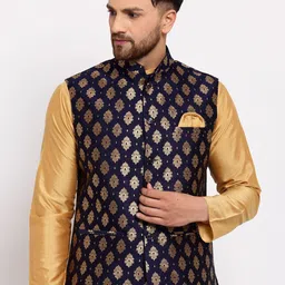 Badoliya & Sons Men Navy Blue & Gold Zari Woven Design Nehru Jacket-picture-28