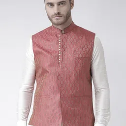 DEYANN Men Red Woven Design Nehru Jacket-5