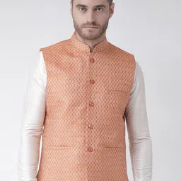 DEYANN Men Orange Woven Design Nehru Jacket-image-43