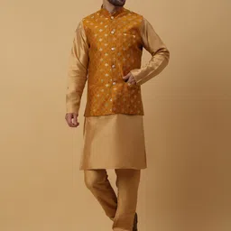 KRAFT INDIA Mandarin Collar Straight Kurta & Churidar With Nehru Jacket-image-45