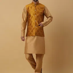 KRAFT INDIA Mandarin Collar Straight Kurta & Churidar With Nehru Jacket-image-66