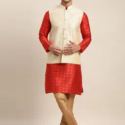 SOJANYA Men Maroon Woven Design Kurta with Pyjama & Nehru Jacket-picture-39