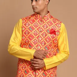 VASTRAMAY Men Red & Yellow Patola Printed Satin Slim-Fit Nehru Jacket-34