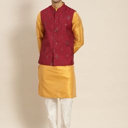 SOJANYA Men Woven Design Kurta with Churidar with Nehru Jacket-image-78