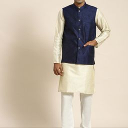SOJANYA Men Woven Design Kurta with Churidar with Nehru Jacket-17