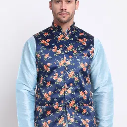 KRAFT INDIA Men Blue & Orange Floral Printed Satin Nehru Jacket-image-88
