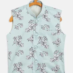 YK Boys Green & White Floral Printed Woven Nehru Jacket-10