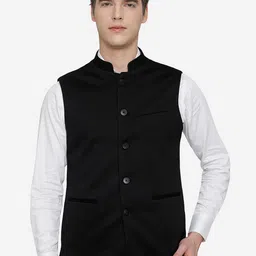 JB STUDIO Men Black Solid Woven Nehru Jacket-picture-21