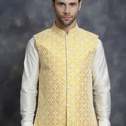 Anouk Mustard Yellow Ethnic Motifs Embroidered Nehru Jacket-17