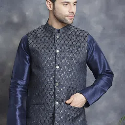Anouk Grey Geometric Embroidered Mandarin Collar Woven Nehru Jacket-25