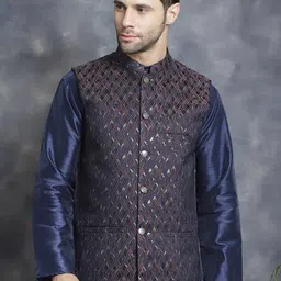 Anouk Brown Geometric Embroidered Mandarin Collar Woven Nehru Jacket-26