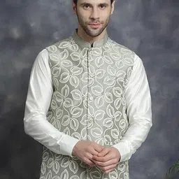 Jompers Embroidered Mandarin Collar Sleeveless Silk Cotton Nehru Jacket-16