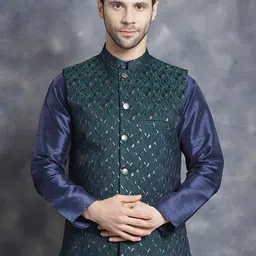 Anouk Green Geometric Embroidered Mandarin Collar Woven Nehru Jacket-6
