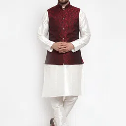 Jompers Men Maroon & White Solid Kurta with Churidar & Nehru Jacket-5