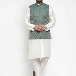 Jompers Men Green Ethnic Motifs Woven Jacquard Waistcoat Kurta with Churidar-image-83