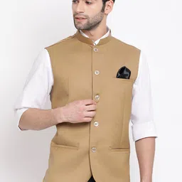 VASTRAMAY Men Camel Brown Solid Slim-Fit Nehru Jackets-17