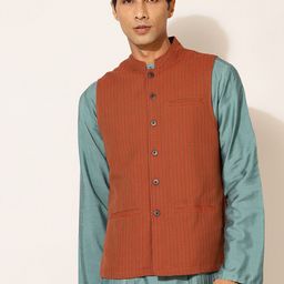 Fabindia Men Orange Woven Design Pure Cotton Nehru Jackets-18
