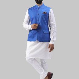 Raymond Men Blue Solid Pure Cotton Woven Nehru Jacket-image-3