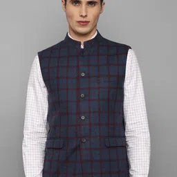 Louis Philippe Men Navy Blue & Maroon Checked Woven Pure Wool Nehru Jackets-6