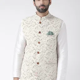 KISAH Men Cream & Black Printed Pure Cotton Nehru Jacket-17