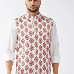 VASTRAMAY Men White & Red Floral Printed Slim-Fit Satin Nehru Jacket-56