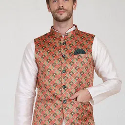 TAHVO Men Orange & Green Printed Nehru Jacket-24