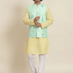 SOJANYA Men Yellow Pure Cotton Kurta with Pyjamas & Nehru Jacket-picture-12