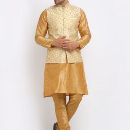 KRAFT INDIA Men Gold-Toned Kurta and Churidar with Embroidered Nehru jacket-image-25