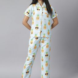 StyleStone Women Blue & Orange Printed Night Suit Set Of 2-image-60