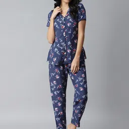 Stylum Women Navy Blue & Pink Printed Night suit-image-11