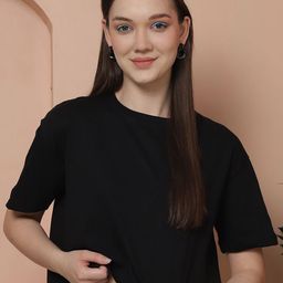 Friskers Women Solid Drop-Shoulder Sleeves Crop Cotton T-shirt-image-98