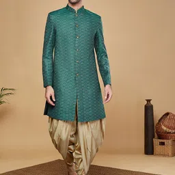 KISAH Self-Design Mandarin Collar Kurta Sherwani Dhoti Set-image-59